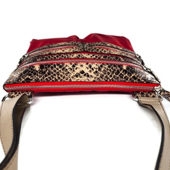 Brighton GoGo Red Nylon Black-Tan Snake Print Leather Convertable Crossbody Bag - Picture 5 of 16